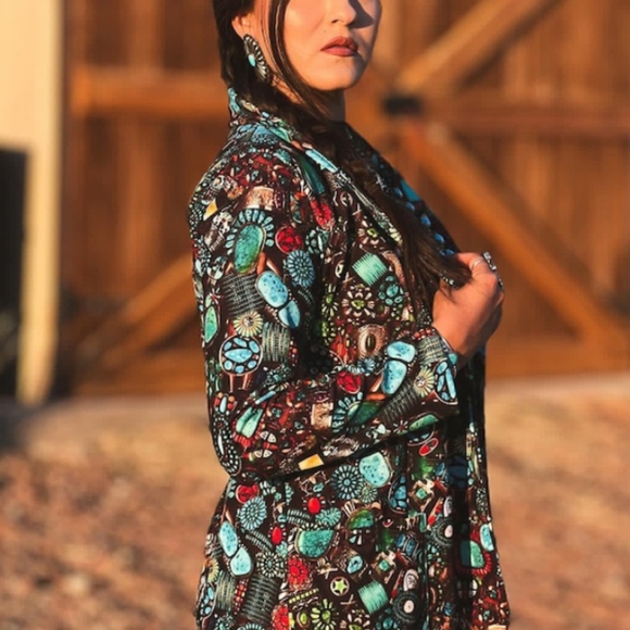 Turquoise Stone Jewelry Printed Blazer - Picture 3 of 3